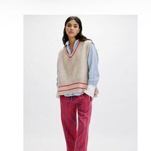 Free People All Star Poncho. Beige with red stripe. BNWT